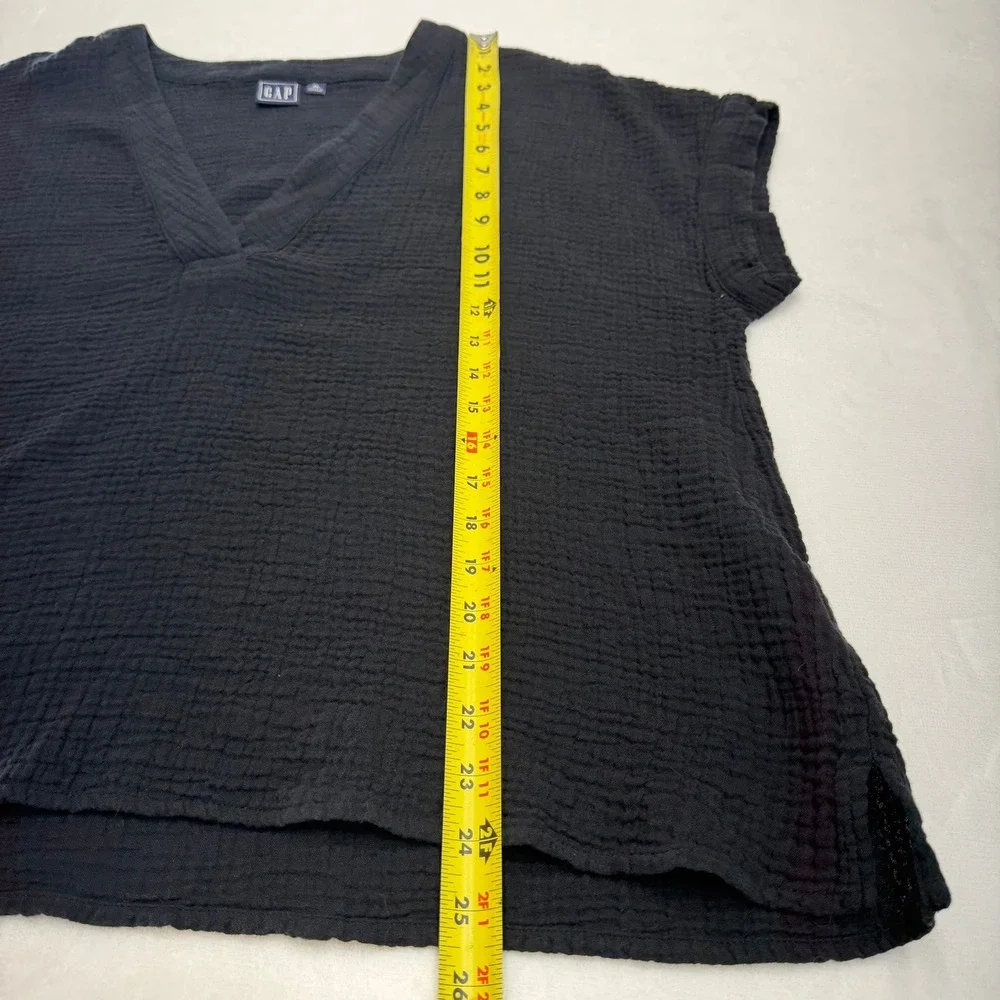 Gap V-Neck Top Women XL Black Crinkle Gauze Cotton Short Sleeve Relaxed Fit